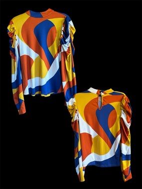 Ashley Stewart Multicolor Abstract Ruched-Sleeve Long Sleeve Top 10/12